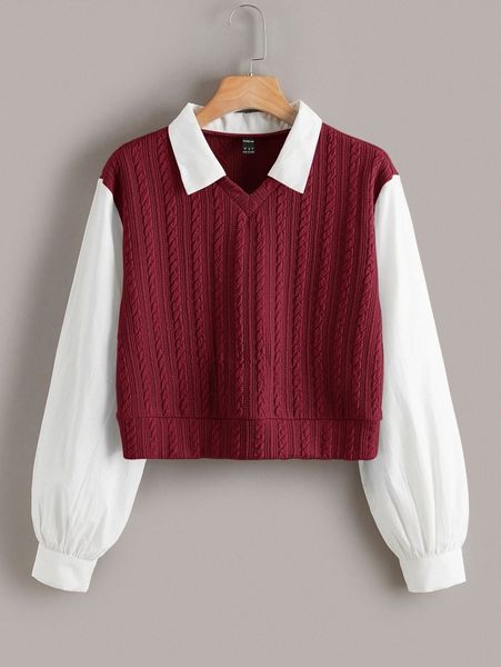 

contrast collar cable knit 2 in 1 blouse h9bn#, White