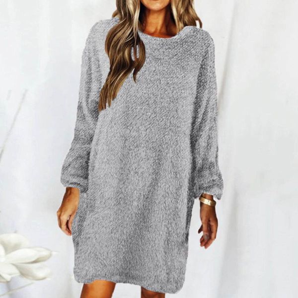 

casual dresses women plush sweater dress winter fleece solid color round neck long sleeve loose mini plus size elegant, Black;gray