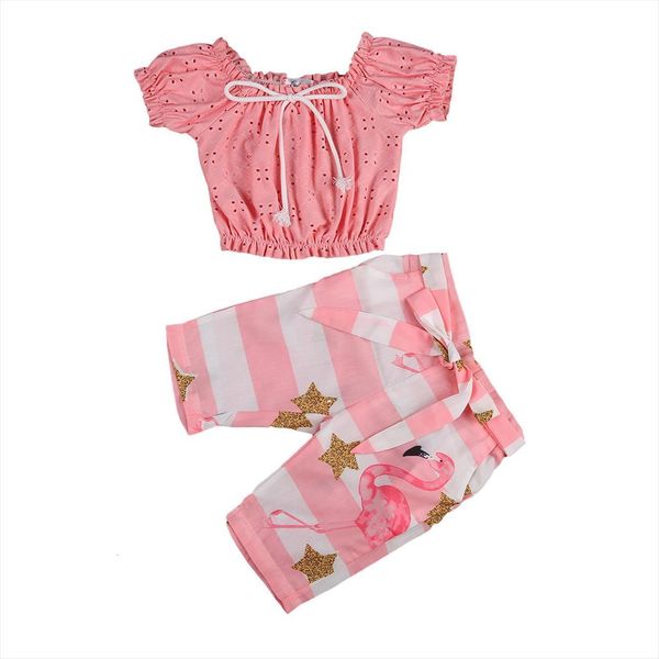 

0 5y fashion kids girls clothes sets bowknot ruffles short sleeve t shirts striped pants 2pcs, White