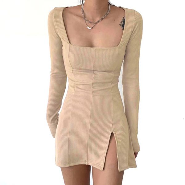 

side split collar long sleeve spring dress women knitted bodycon party clubwear mini dresses casual, Black;gray