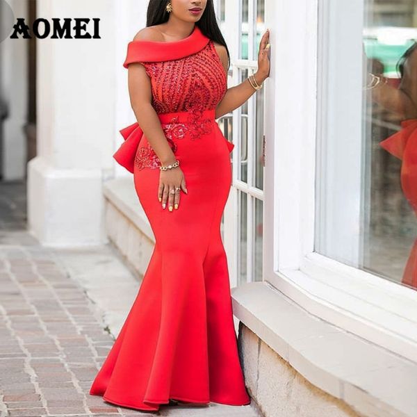 Mulheres Dress Maxi Maxi Mermaid Night Sequined Party Wear Norma Vermelho Red Vestidos Formal Um Ombro Glitter Vestidos Vestidos de Verão 210416