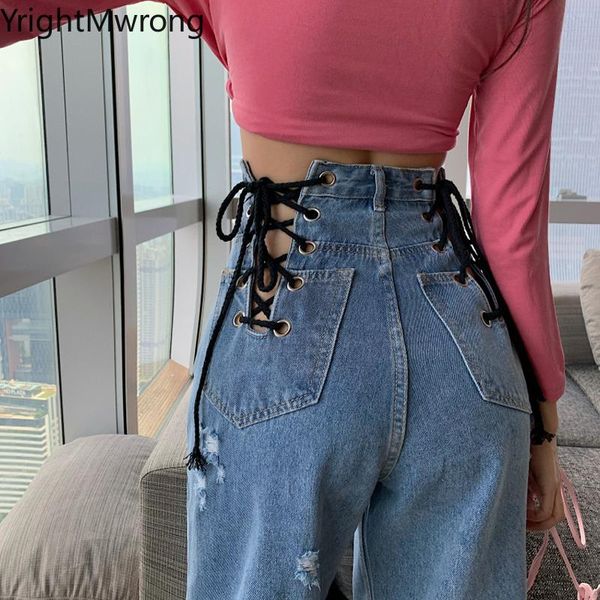 

women's jeans streetwear high waist back hollow eyelet string lace-up fashion denim pant mom women ripped hole trouser boyfriend, Blue