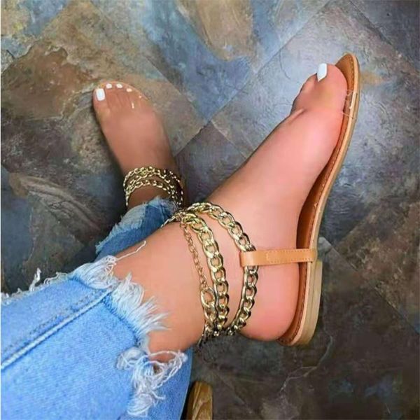 

large size sandals women 2021 summer flat-bottom round-toe metal chain transparent outer wear beach, Black