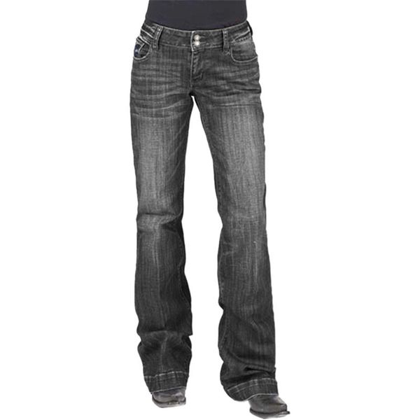 

women printed pocket jeans stretch bootcut flare denim pants casual large size female high waist long trousers women's, Blue