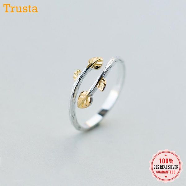 

cluster rings trustsdavis 100% 925 sterling silver fashion jewelry gold leaves cocktail opening ring sizable 5 6 7 girls kids xmas gift da15, Golden;silver