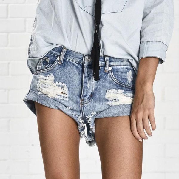 

Vintage Ripped Hole Fringe Denim Thong Shorts Women Sexy Pocket One Teaspoon Jeans 2021 Summer Girl Booty Short Women's, Blue