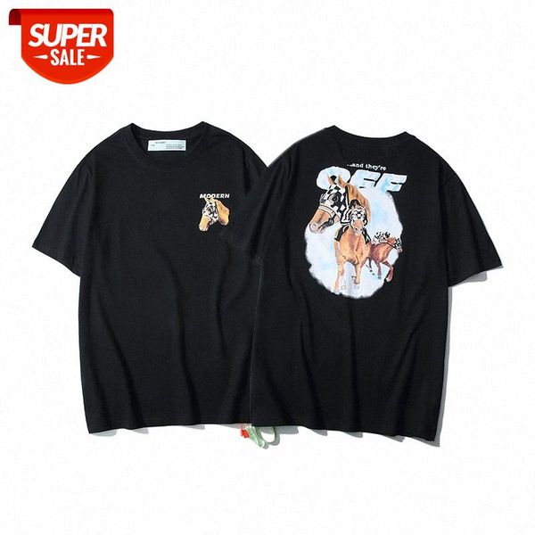 

-white horse racing print loose casual men and women with round neck short-sleeved t-shirt cross-border #mc39, White;black