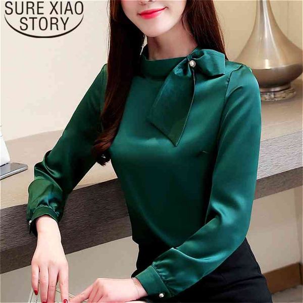 

womens blouses blusas mujer de moda chiffon bow solid stand women blouse long sleeve shirts plus size 2223 50 210415, White