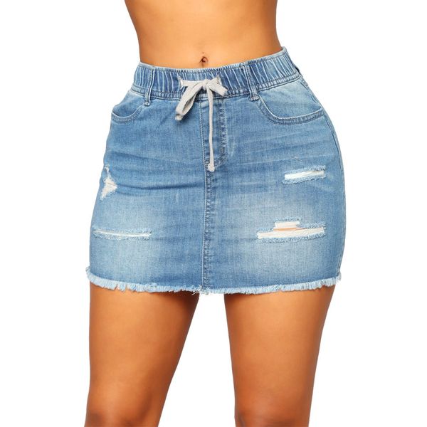 Sexy Skinny Hanches Moulante Denim Crayon Jupe Femmes Taille Élastique À Lacets Mini Jenas Jupes Faldas Mujer Moda Déchiré Trou Vestidos X0428