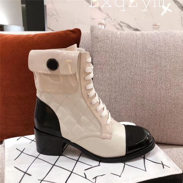 

boots 2021 winter women square heel sheepskin genuine leather lace up ankle black mixed color shoes botas mujer