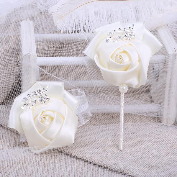 

european and american groom lapel pin wine red bride wrist corsage diy rhinestone ribbon rose party wedding props t1300 decorative flowers &