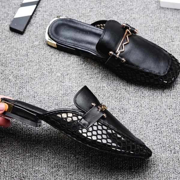 

slippers transparent mesh patchwork flat ladies metal decoration flip-flops cover toe slides glitter low heels mules shoes women, Black