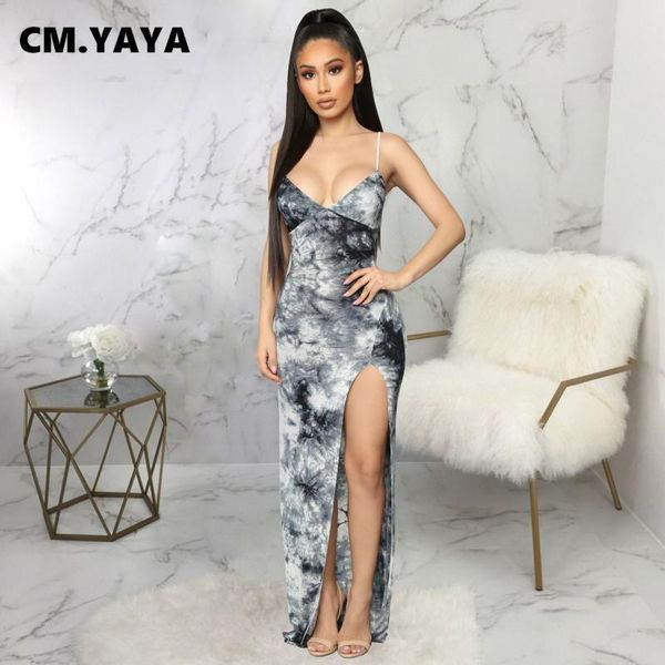 

casual dresses cm.yaya women maxi long dress split print spaghetti strap v-neck sheath elastic empire floor length fashion outfit, Black;gray