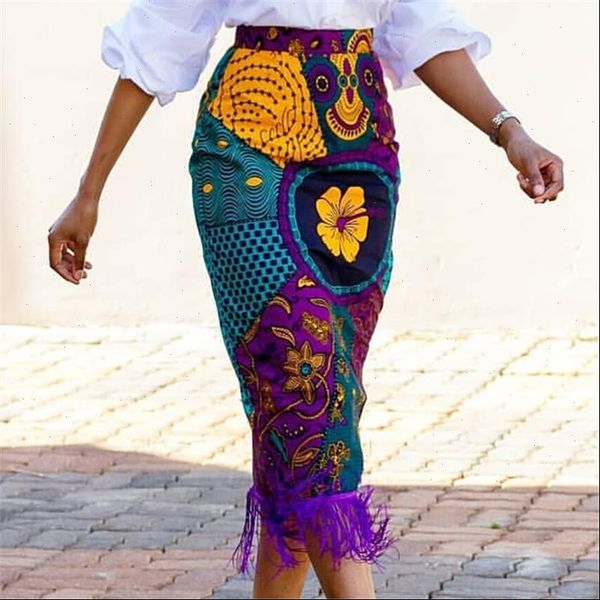

women summer print skirt skirts vintage floral african fashion high waist tassel classy modest elegant retro jupes falads drop, Black