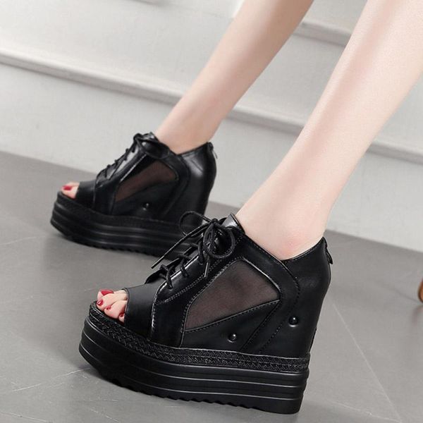 

girl fashion super high wedges sandals breathable summer mesh women cool lace-up platform shoes woman dress, Black