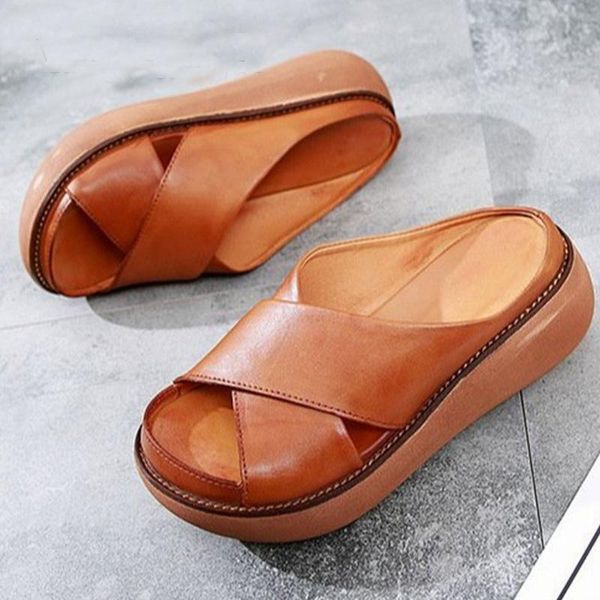 

shoes women sandals leather wedges summer platform ladies beach casual heels sandalias femenina 2021, Black