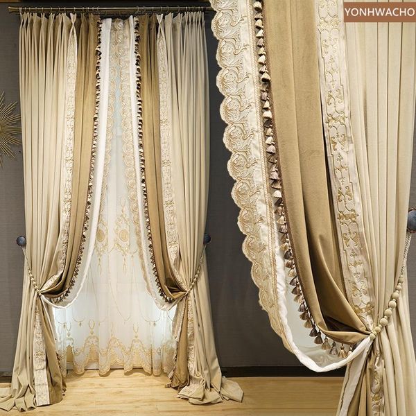 

custom curtain high grade american luxury bedroom beige thick velvet cloth blackout tulle c614 & drapes