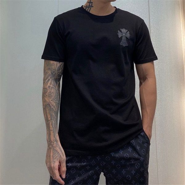 

summer new leather cross short men's fashion brand ch color matching horseshoe sanskrit printed t-shirt pure c, White;black