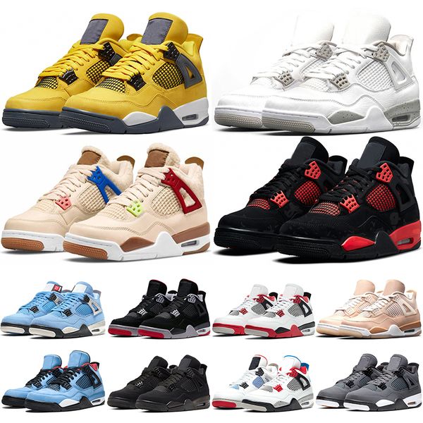 

jumpman 4 4s basketball shoes lightning university blue white oreo sail cactus jack black cat taupe haze fire red pure money what the mens t