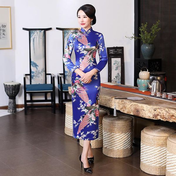 

ethnic clothing autunm women satin long qipao social etiquette dress mandarin collar slim lady elegant cheongsam plus size 6xl, Red
