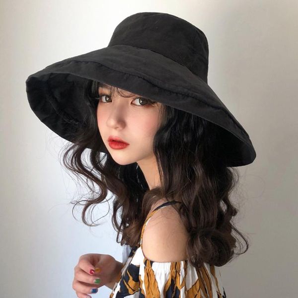 

fashion summer wide brim bucket hats women reversible korean fisherman caps anti-sunburn girls outside big hat beige, Blue;gray