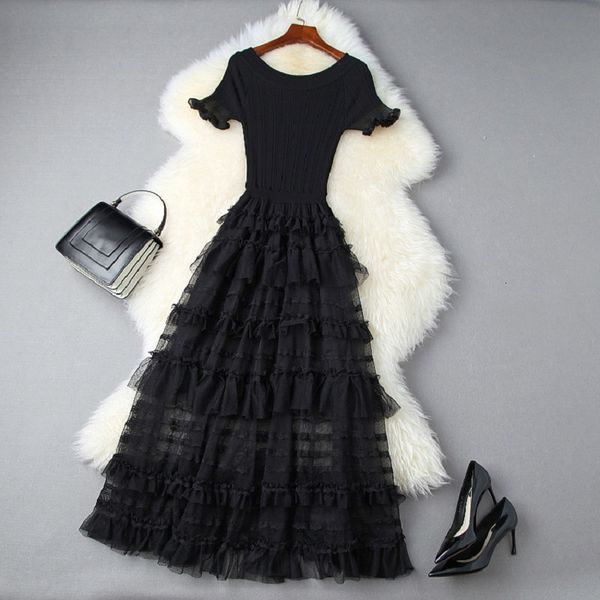 

dress autumn long women knitted cascading ruffle mesh patchwork short sleeve casual maxi dress knitwear, Black;gray