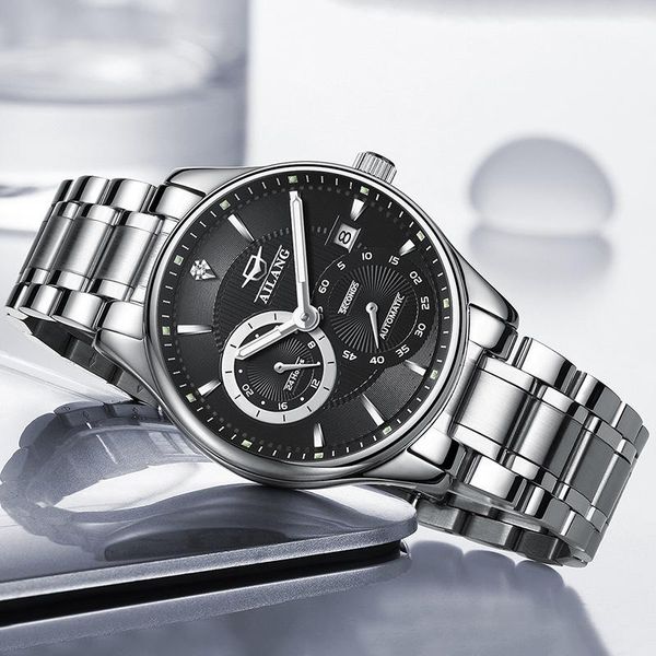 

wristwatches ailang men's watch black dial stainless steel sports leisure waterproof mechanical luxury diamond calendar, Slivery;brown