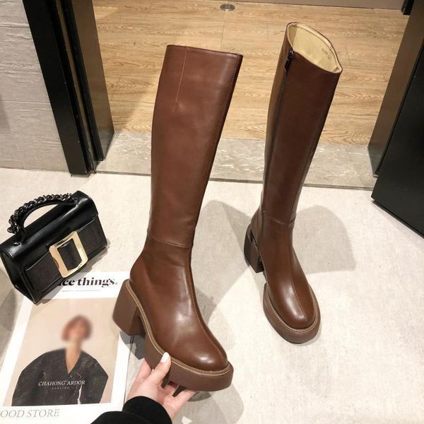 

boots women pu leather 2021 winter fashion ladies shoes mid heel zippers autumn female platform knee high woman long, Black