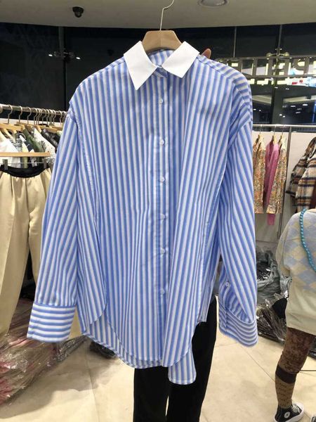 

spring turn down collar stripes buckled full shirts women's 210615, White