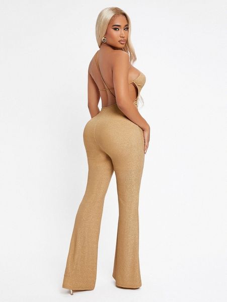 

sxy one shoulder open back flare leg glitter jumpsuit c3om#, White
