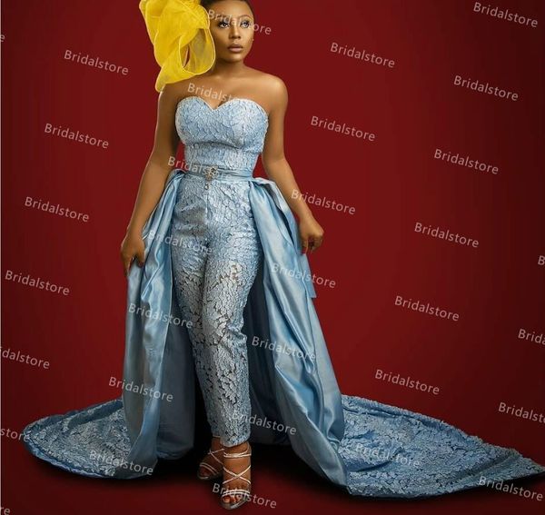 

blue lace jumpsuit prom dresses with overskirt 2021 elegant sweetheart satin african evening gowns black girls formal graduation night party