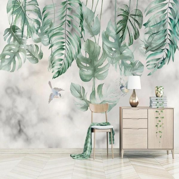 

wallpapers drop custom large wallpaper mural nordic hand-painted retro tropical plant marble background wall decoration painting