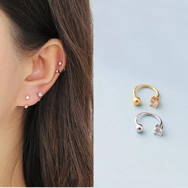 

stud s925 sterling silver earring fashion personality zircon hook half circle screw ear bone nails wild female jewelry, Golden;silver