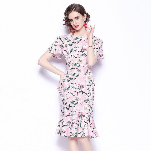 

casual dresses summer runway women's vintage retro floral print short sleeve slim fishtail dress female vestido, Black;gray