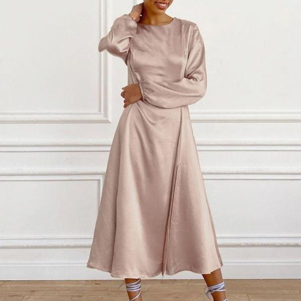 

casual dresses dress 2021 autumn winter solid color women round neck lantern sleeve fashion temperament commute high waistsplit fork, Black;gray