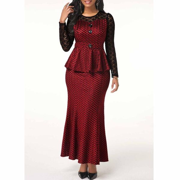 

casual dresses elegant lace patchwork print long party dress set women high waist sleeve evening mermaid maxi female classy formal, Black;gray