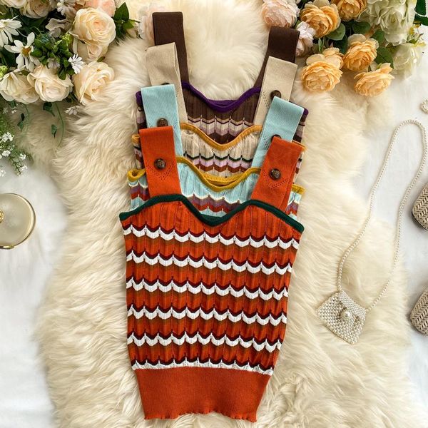 

women's vests gagarich sleeveless off shoulder camis vest women fashion contrast color patchwork striped wave knit tank summer, Black;white