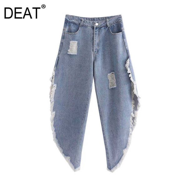 

[deat] women fashion wide leg pants loose tassel hole solid color split fork high street style jeans 13c407 210527, Blue