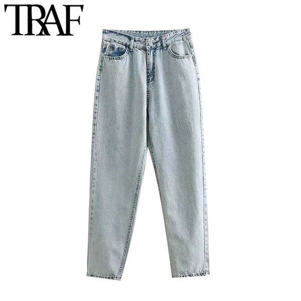 

traf women chic fashion side pockets straight jeans vintage high waist zipper fly denim female ankle trousers mujer 210629, Blue