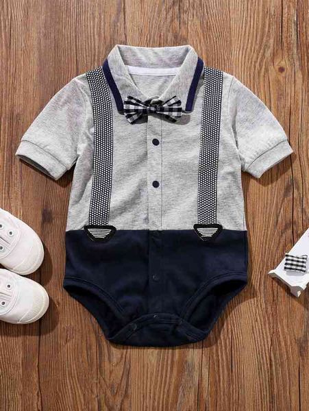 

yierying baby boy bow front dot & colorblock 2 in 1 bodysuit she, Blue