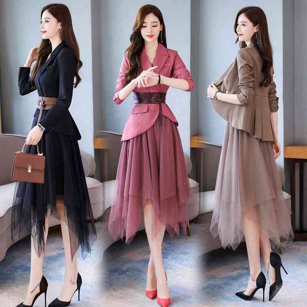 

women net skirt suits office lady suit lady uniform formall skirt and suits jacket 2 piece set plus size women blazer skirt set 210407, White