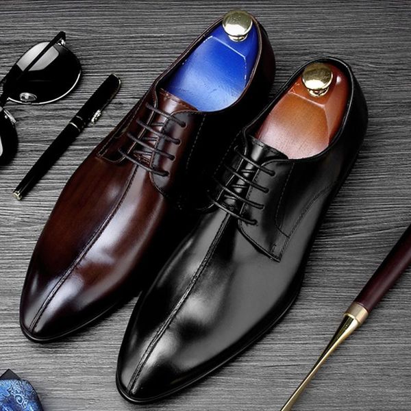 

dress shoes vintage genuine leather men's footwear pointed toe man wedding party italian formal handmade male derby bql56, Black