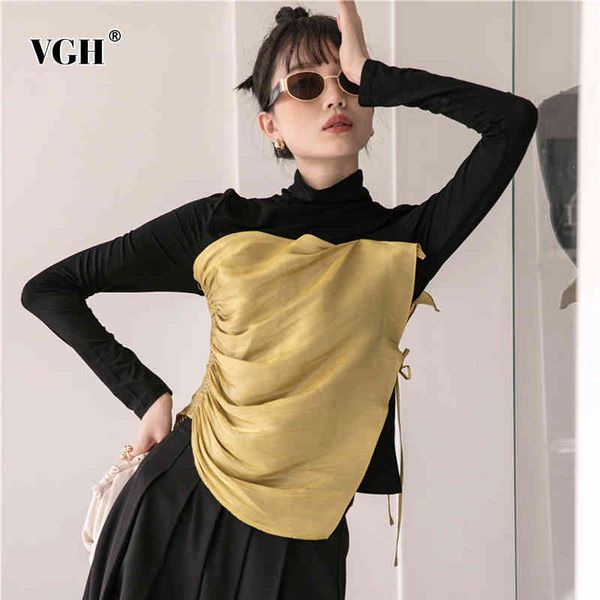 

vgh vintage ruched lace up bowknot t shirt for women turtleneck long sleeve slim casual t shirts female fashion new clothing 210421, White