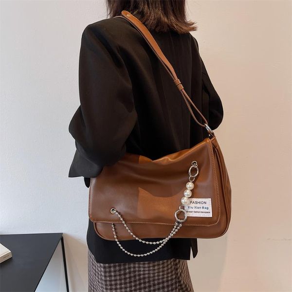 

evening bags women casual solid color shoulder bag luxury designer soft pu leather chain pearl large capacity crossbody female purses