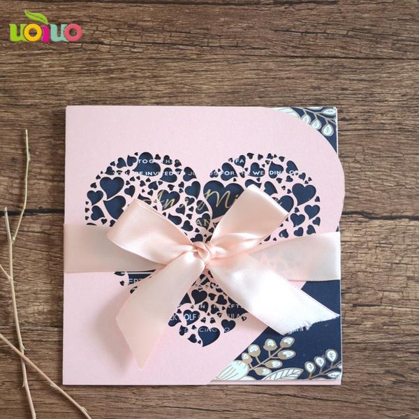 

greeting cards diy customzied inc41 laser cut light pink heart wedding invitations card ,tied bow,print insert,envelope