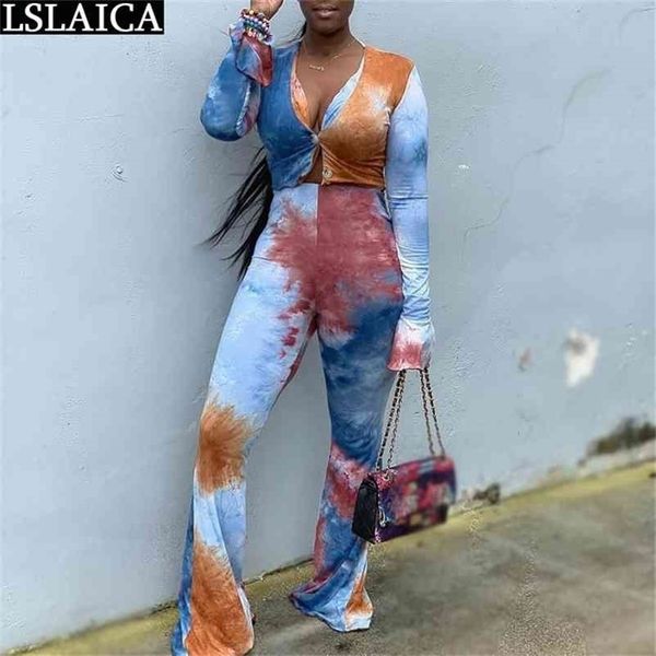 

tracksuit for women sets tie dye print long sleeve button crop and woman flare pants two piece set autumn casual sweatsuit 210520, White