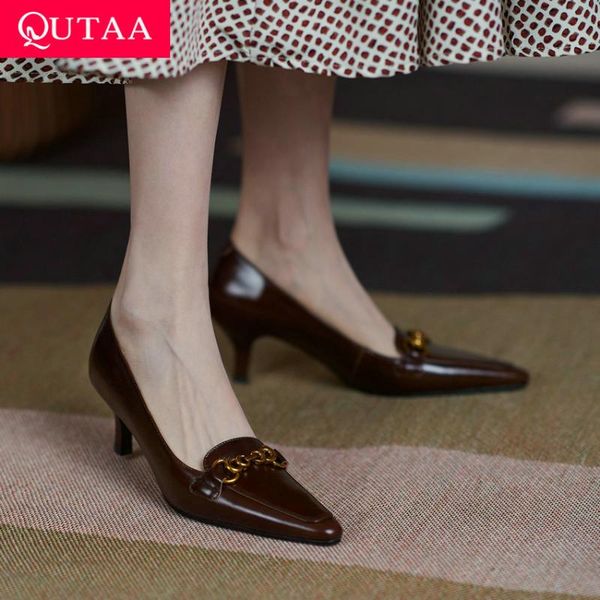 

dress shoes qutaa 2021 women pointed toe genuine leather female pumps fashion chains spring autumn basic thin heels size 34-40, Black