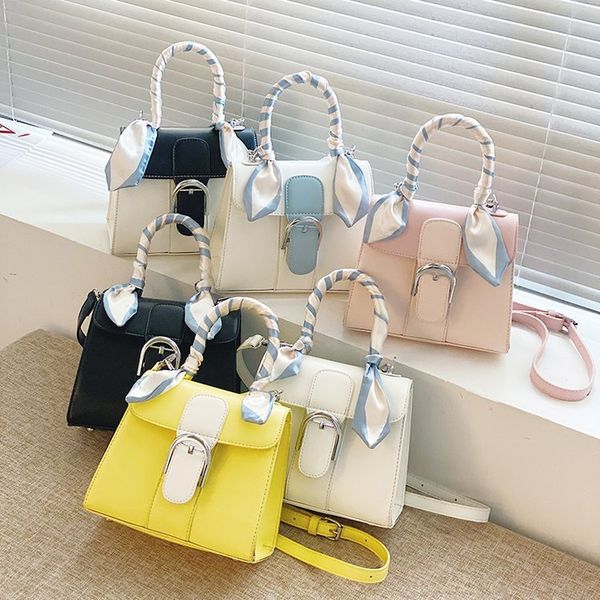 

handbag bag female 2021 korean portable carrying silk scarf single shoulder fresh and sweet popular color contrast small square, Black;red