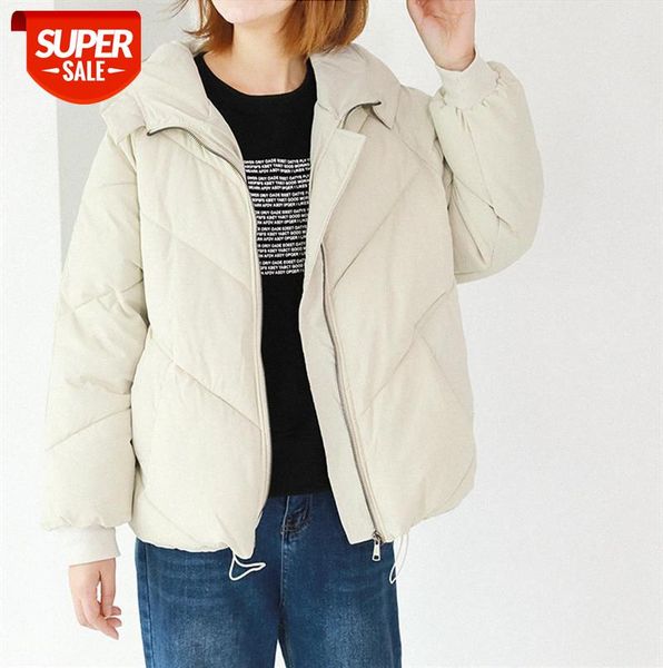 

303-1903 korean version of solid color loose casual age-reducing warm cotton hooded jacket #ze2n, Black