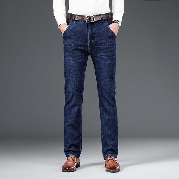 

men's straight stretch business black blue jeans classic comfortable soft fit denim trousers casual long pants large size 5425